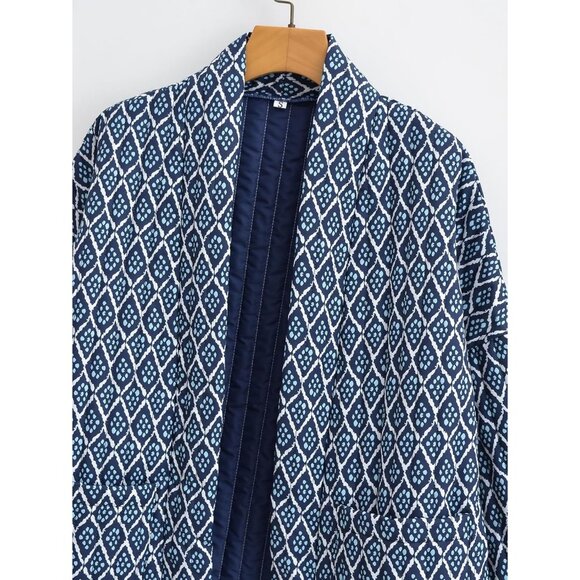 Women's Floral Quilted Jackets Cropped Button Down Padded Puffer Jacket Navy - Picture 7 of 8